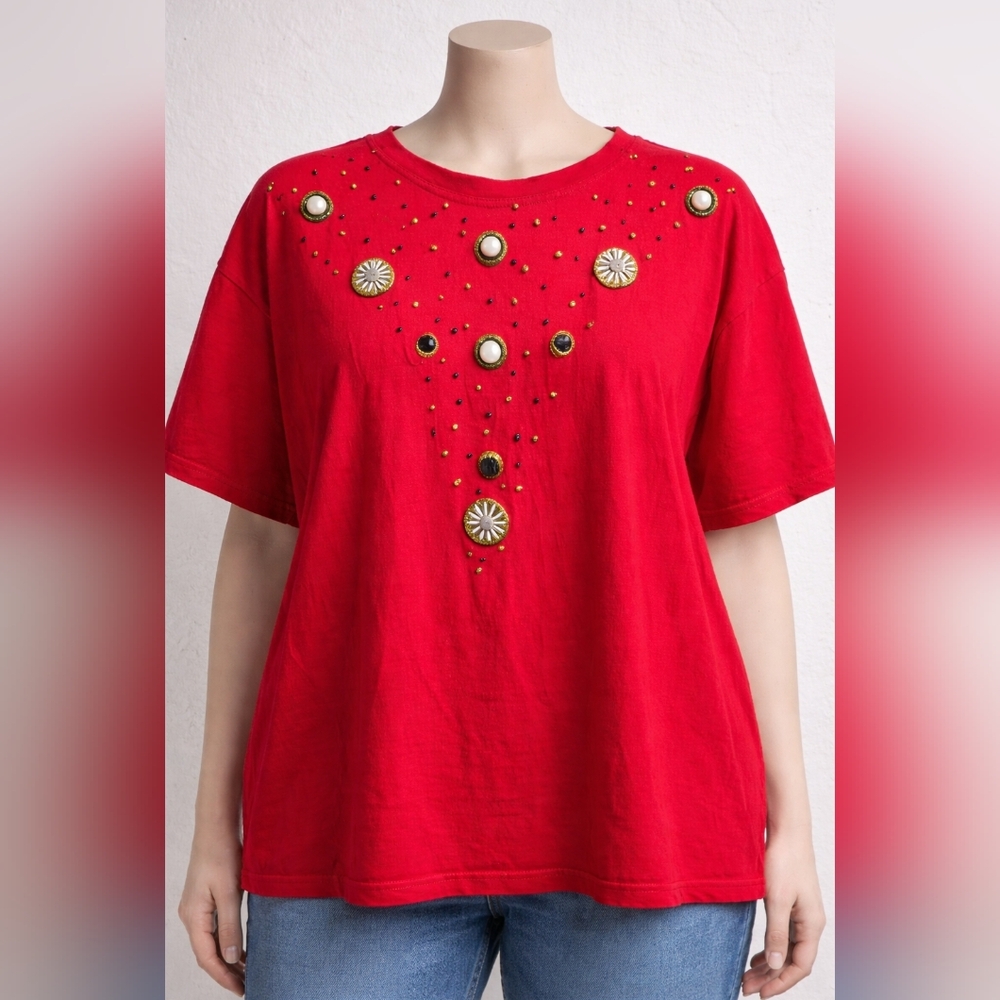 Vintage Cesucci Red Embellished Tee Gold Studs 90s XL Cotton